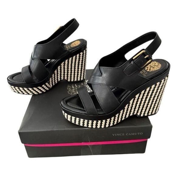 Vince Camuto Diliah Black Tweed Checkered Wedge Platform Sandals Size 9 New - Picture 4 of 12